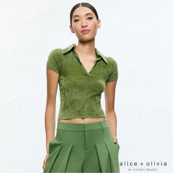 Alice + Olivia **NWT** Martha Crop Terry Cloth Polo Shirt Avocado Green - Picture 2 of 8